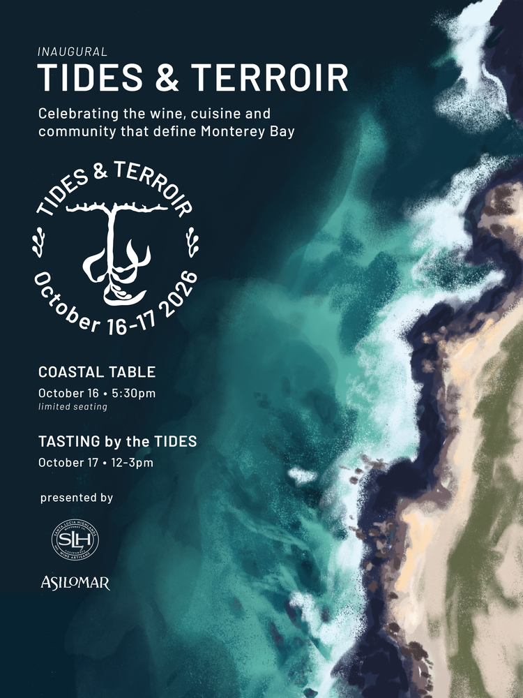 Aerial view of the Monterey Bay coastline promoting the inaugural Tides & Terroir wine, food, and community event at Asilomar, October 16–17, 2026.